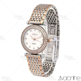 ساعت الکسا پریمیر زنانه رزگلد نقره ای صفحه سفید دور نگین 106136