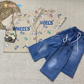 تیشرت شلوارک جین پسرانه مدل wheels مناسب 2 تا 9 سال