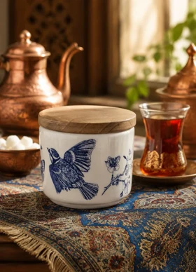 قندان سرامیک در چوبی طرح پرنده و جنگل