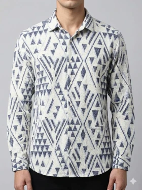 پیراهن کنفی مردانه آستین بلند طرحدار سفید سرمه ای کد 701