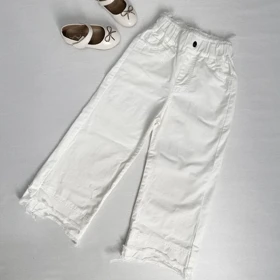 شلوار کتان سفید خارجی دخترانه پایین ریش دار