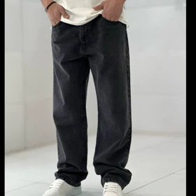 شلوار بگ ذغالی سیر بدون زاپ مردانه پارچه جین کجراه سنگشور گرماژ بالا