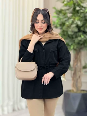 مانتو کتان کمرگت سر جیب مثلثی