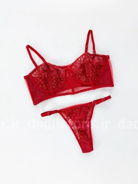 ست شورت و سوتین فنر دار پایه بلند تور و دانتل گل‌دار قرمز