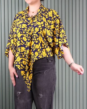 شومیز گره‌ای نخی 7101# (سرمه ای گل زرد)