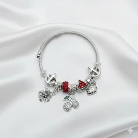 دستبند بنگل استیل طرح «پاندورا تابستانی» | با آویز هندوانه و گیلاس (قرمز)