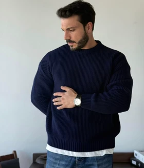 ژاکت درشت بافت فندقی سرمه ای مردانه فری سایز مناسب سایزهای L تا 2XL