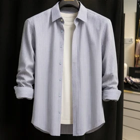 پیراهن مردانه نخی آبی راه راه میله ای فوقالعاده خنک و لطیف