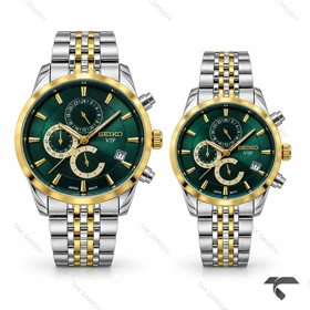 ست ساعت سیکو VIP سه موتوره دو رنگ طلایی سبز Seiko-11452-S