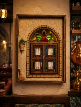 قاب جاکلیدی چوبی آینه دار طرح پنجره و گلدان