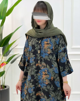 پیراهن جلوبسته کنفی طرح‌دار با آستین پاکتی