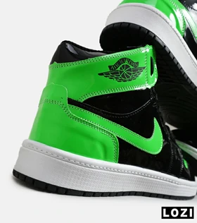کفش کتانی مردانه و زنانه ساق‌دار مشکی سبز ورنی NIKE jordan 1