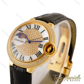 ساعت کارتیه بالن بلو زنانه فول نگین طلایی بند چرم مشکی Cartier-5266-L