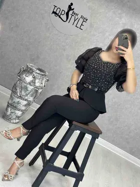 سارافون آستین بیده کمربند دار :8614
