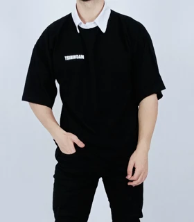 تیشرت آستین کوتاه قواره لش مشکی یقه بلایزر