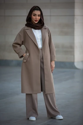 پالتو بلند جیب دکمه دار (کرم تیره)