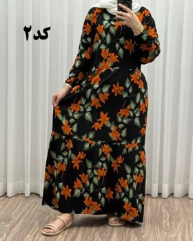 پیراهن نخی گل‌دار رنگبندی A7452 (مشکی گل نارنجی)