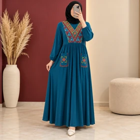 پیراهن گلدوزی سنتی مدل ترنج کد 6088 (آبی نفتی)