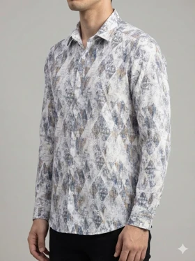 پیراهن مردانه آستین بلند کنفی طرحدار سفید کد 2000
