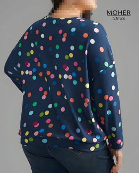 بلوز سایز بزرگ آبی سورمهای با طرح خالخالی رنگی