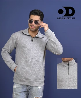 ژاکت دورس نیم زیب رنگ طوسی ملانژ استایل لش لانگ کیفیت عالی