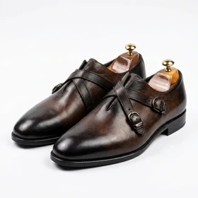 کفش دبل کراس مانک استرپ تمام چرم طبیعی دسترنگ برند MT Shoes (قهوه ای)