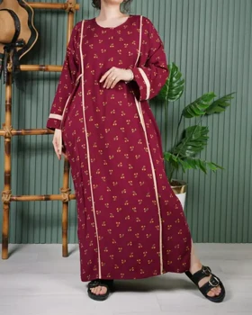 پیراهن نخی یال گل ململ U7585 (زرشکی)