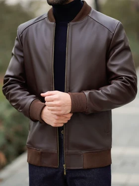 کاپشن چرم طبیعی قهوه ای کلاسیک کارلوتی کد j196