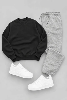 ست دورس و جاگر دورس باکسی لش مشکی بیسیک سه نخ شلوار جاگر طوسی ملانژ پنبه سه نخ اورجینال دیلم