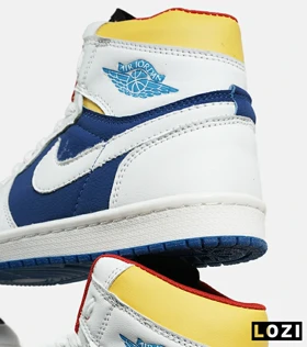کفش کتانی مردانه و زنانه ساق‌دار سفید آبی زرد NIKE jordan 1