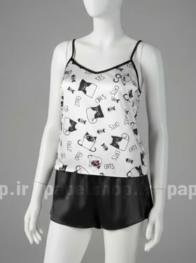 ست لباس خواب تاپ و شورتک ساتن طرح گربه