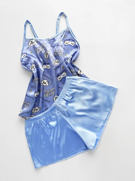 ست لباس خواب تاپ و شورتک ساتن طرح ماه و ستاره