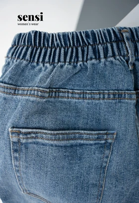 شلوار جین مام فیت پشت کش ابی تیره کد1424-2