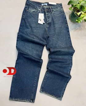 شلوار نیم بگ سرمه ای مایل به سبز مردانه با شست خاص و کمیاب پارچه دنیم کجراه اعلا گرم بالا