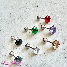 پیرسینگ گوش پایه نقره ای مدل دایره نگین رنگی کد 599