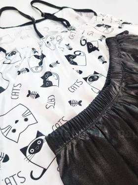 ست لباس خواب تاپ و شورتک ساتن طرح گربه