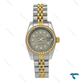ساعت رولکس زنانه دورنگ طلایی دورنگین صفحه طوسی اسمال Rolex-7504-L