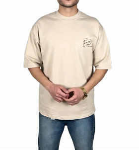 تیشرت آستین کوتاه مردانه کرمی طرح دار گرافیکی