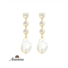 گوشواره مرواریدی زنانه آویز نگین‌دار آبکاری طلا رنگ ثابت ARA 118