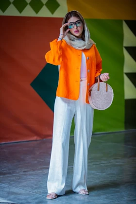 مانتو کتان لمه خطی 4 دکمه