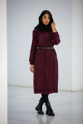 پالتو بلند کفتان زنانه یقه گرد بیسکوییتی