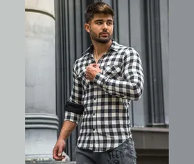 پیراهن چهارخانه نخی سفید مشکی