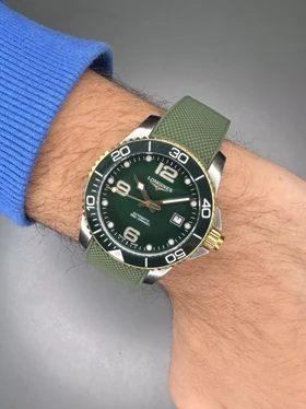 ساعت مچی لونژین اتوماتیک بند رابر سبز بزل طلایی Longines