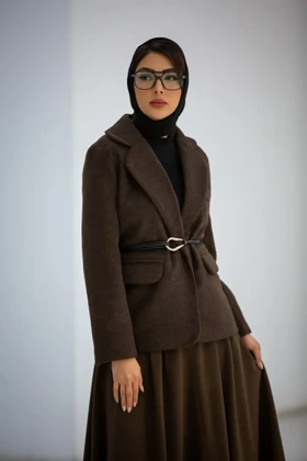 کت موهر جیب نما کمربند گره‌ای (قهوه ای)