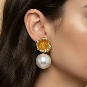 گوشواره زنانه مدل زرگل آویز مروارید با طرح گل طلایی