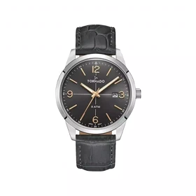 ساعت مچی مردانه تورنادو بند چرم مشکی قاب نقره ای T24007-SLXX