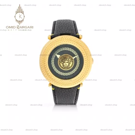 ساعت مچی ورساچه صفحه طرحدار قاب طلایی چرمی مشکی Versace