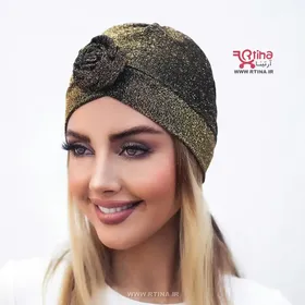 توربان لمه طلایی گل‌دار | کلاه حجاب مجلسی زنانه دخترانه