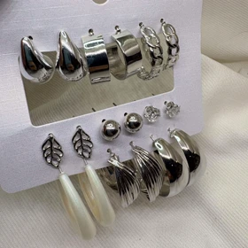 پک 9 عددی گوشواره استیل طرح «میکس ترند» | شامل حلقه‌ای، مرواریدی و میخی نگین‌دار