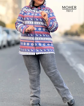 هودی زنانه سایز بزرگ طرح گوزن و برف